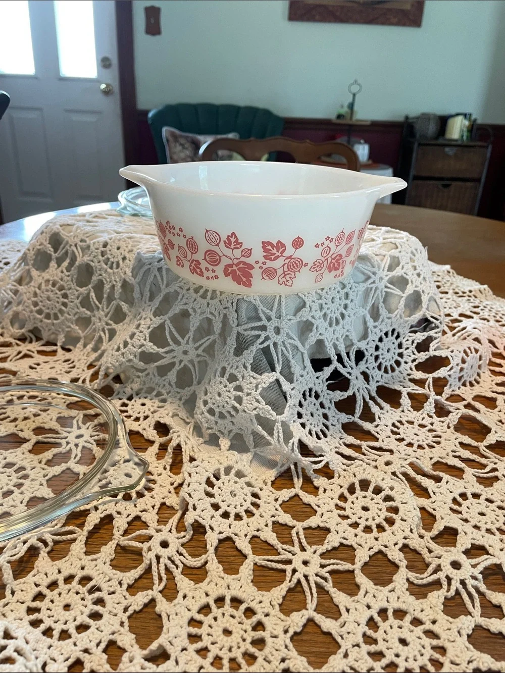 Pyrex White Milk Glass Casserole with Pink Gooseberry Cinderella pattern.